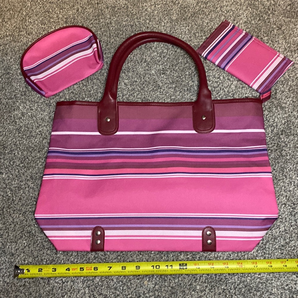 3 pc purple/pink striped tote set, Includes large tote, makeup bag, and wallet.